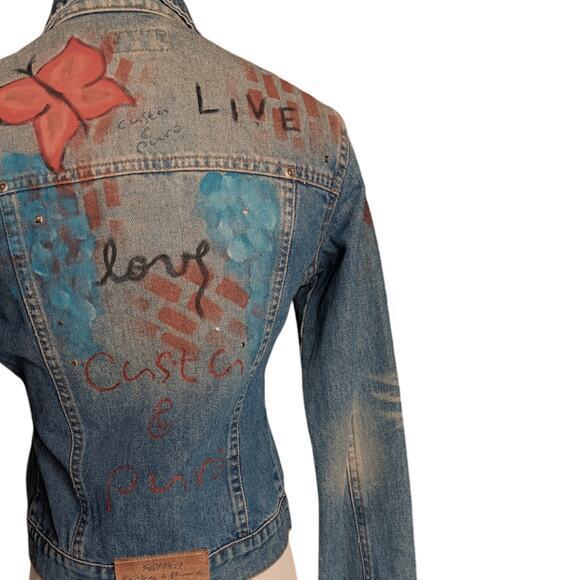 VINTAGE 90s Y2K Jean Jacket Painted Denim Butterflies Artsy Studs Faded Small - Picture 5 of 14